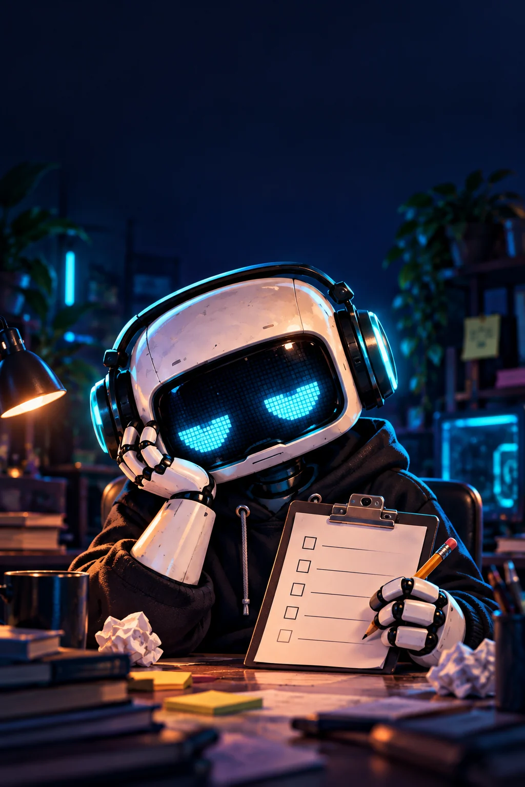 Byte, the fictional white robot with cyan headphones, contemplating a neatly organised clipboard