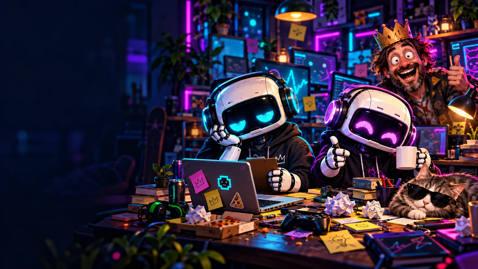 Fictional cyan robot Byte and magenta robot Bro working at a neon-lit desk, with an eccentric crowned supervisor and a cat wearing sunglasses